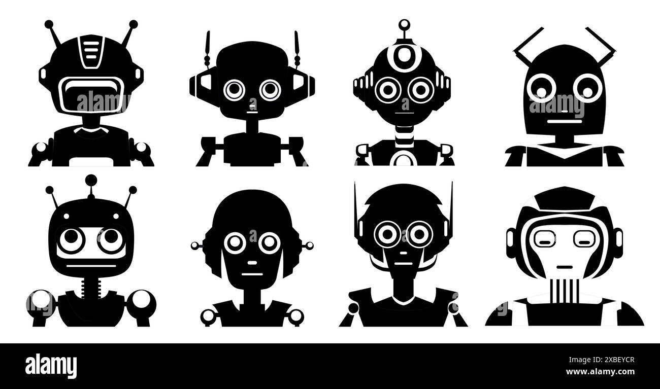 Ensemble vectoriel de portraits monochromes de divers robots isolés de l'arrière-plan. Collection d'androïdes silhouettes noires. illustrations de childish cybo Illustration de Vecteur