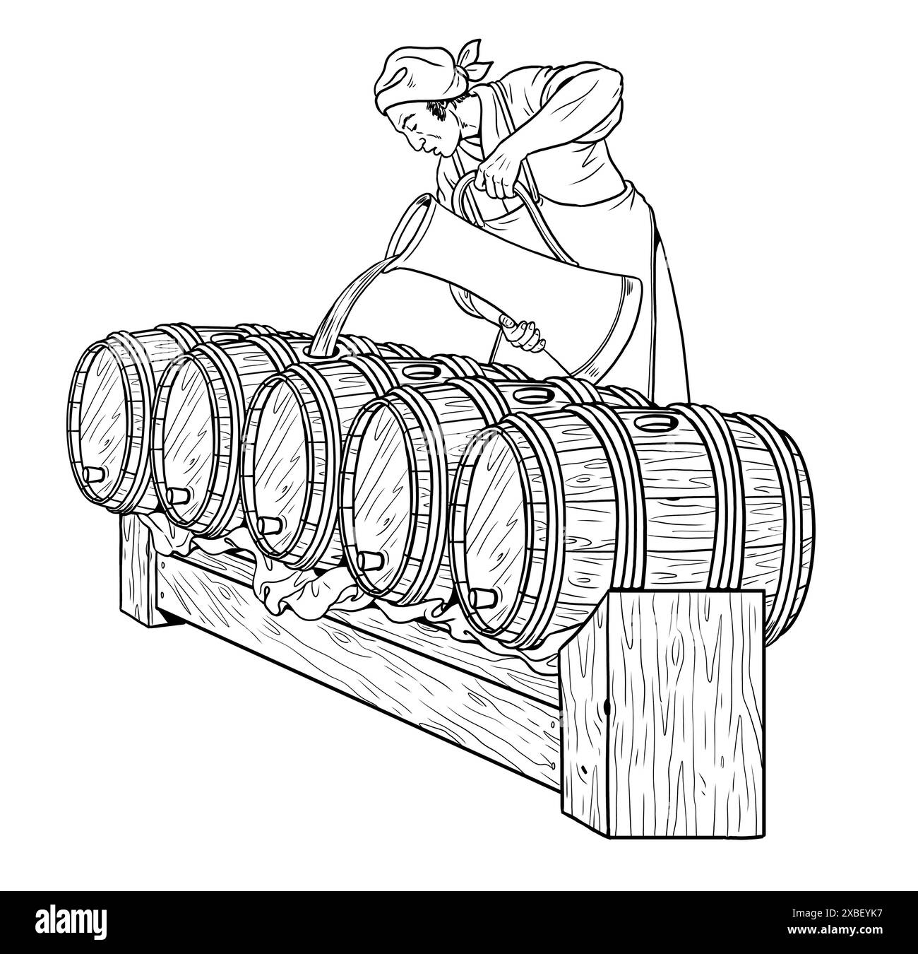 Brasseur médiéval au travail. Remplir les fûts de bière. Dessin à colorer. Banque D'Images