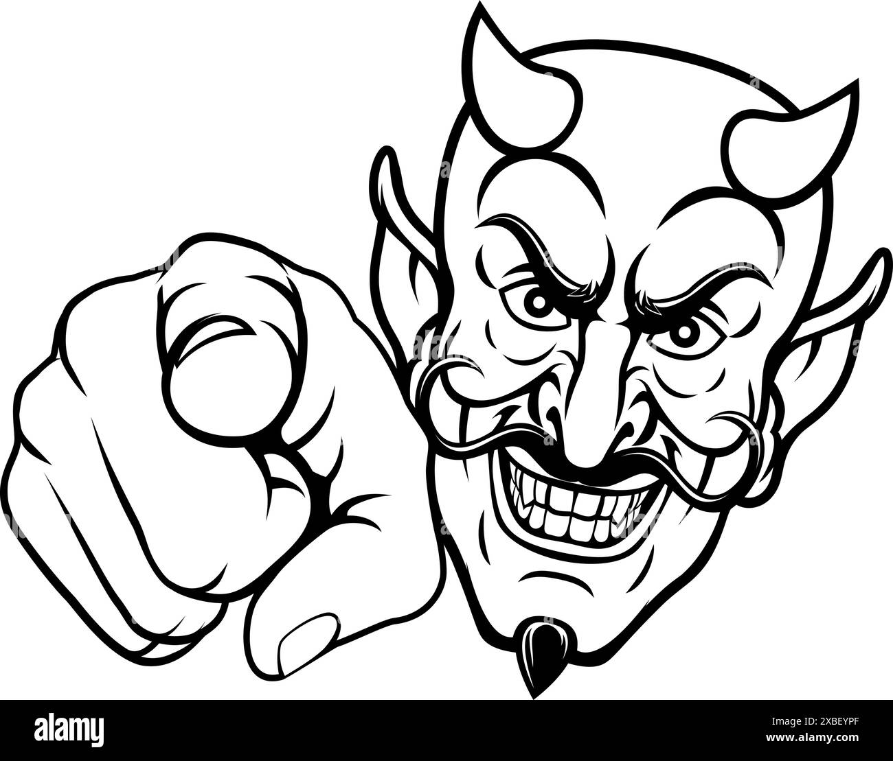 Diable Satan mascotte dessin animé personnage pointant Illustration de Vecteur