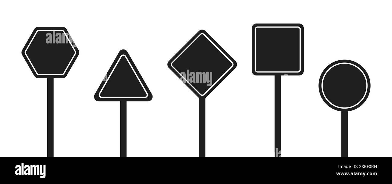 Ensemble de panneaux routiers noirs ronds, carrés, rhombiques, triangulaires et hexagonaux. Illustration vectorielle des icônes pour avertir de la situation sur la route. WH Illustration de Vecteur
