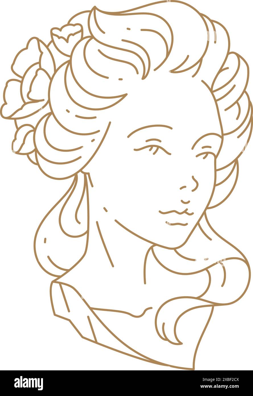 Élégante mythologie grecque déesse femme buste lineart illustration vectorielle. Monument médiéval belle femelle avec fleur en cheveux isolé sur blanc. LUN Illustration de Vecteur