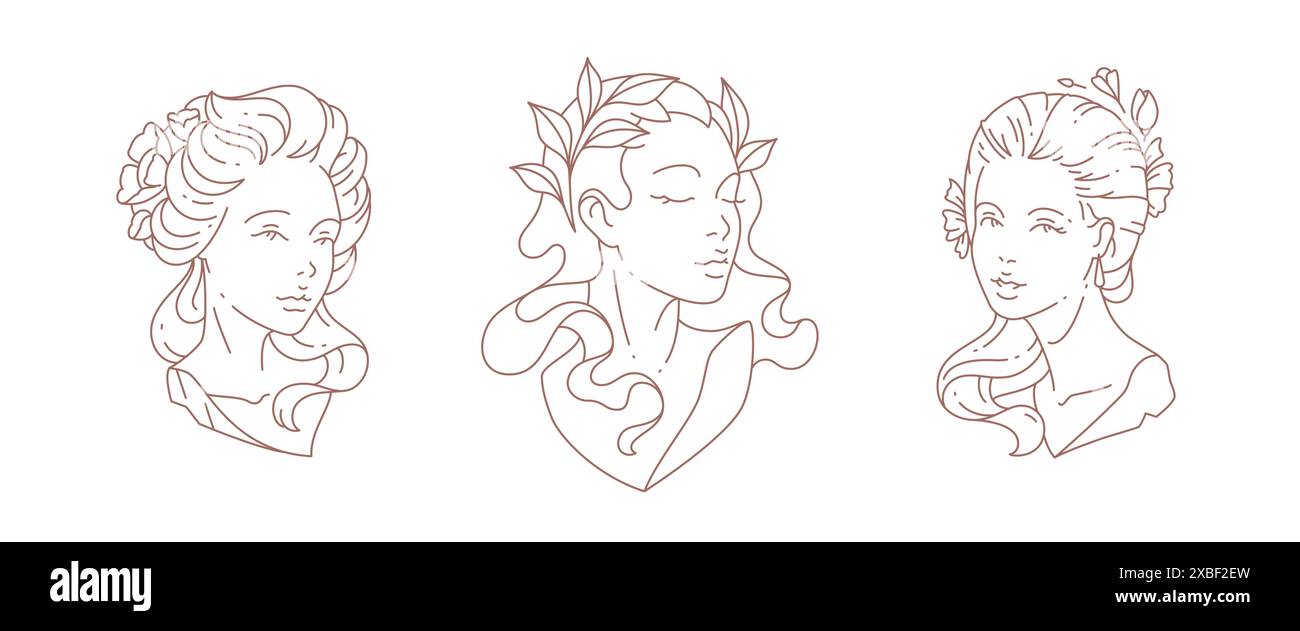 Set monochrome art déco buste de femme linéaire décoré par des fleurs et branche d'arbre dans l'illustration vectorielle de cheveux. Portra de statue de déesse grecque antique femelle Illustration de Vecteur