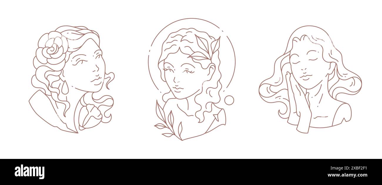Set linéaire simple logo antique buste de déesse de femme avec cadre de cercle et illustration vectorielle de fleurs. Emblème de ligne monochrome monument minimaliste féminin Illustration de Vecteur