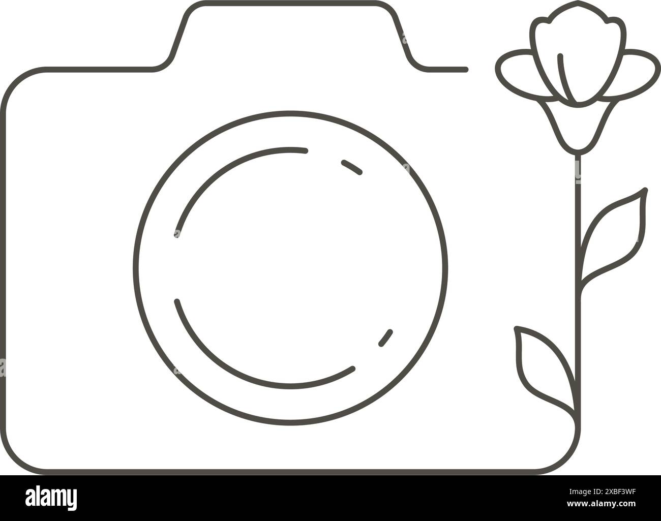 Appareil photo d'art de ligne avec simple plante de fleur de blog de beauté féminine illustration vectorielle de logo. Décor gracieux de dispositif électronique de photographe monochrome Illustration de Vecteur