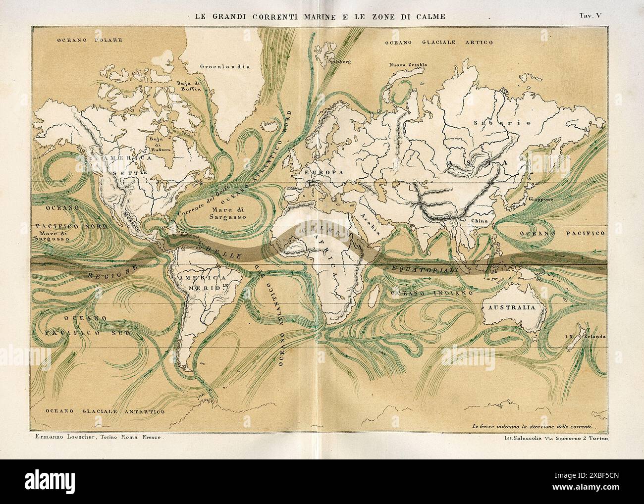 le grandi correnti marine e le zone di calme - da Fisica terrestre - P. Angelo Secchi - edizione Ermanno Loescher - 1879 - Brescia - Università Cattol Banque D'Images