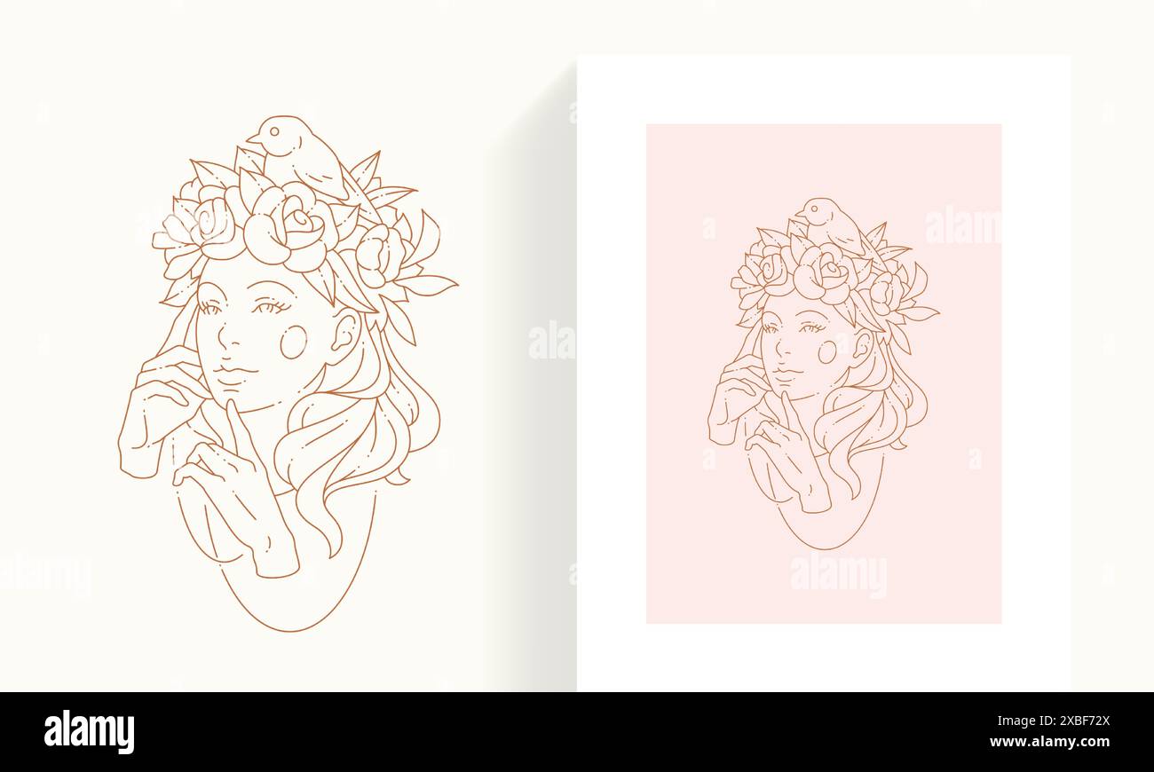 Portrait de femme d'art de ligne avec fleur fleur oiseau de coiffure touchant le visage par les mains illustration de carte de logo d'illustration vectorielle. Fleur féminine élégante f Illustration de Vecteur