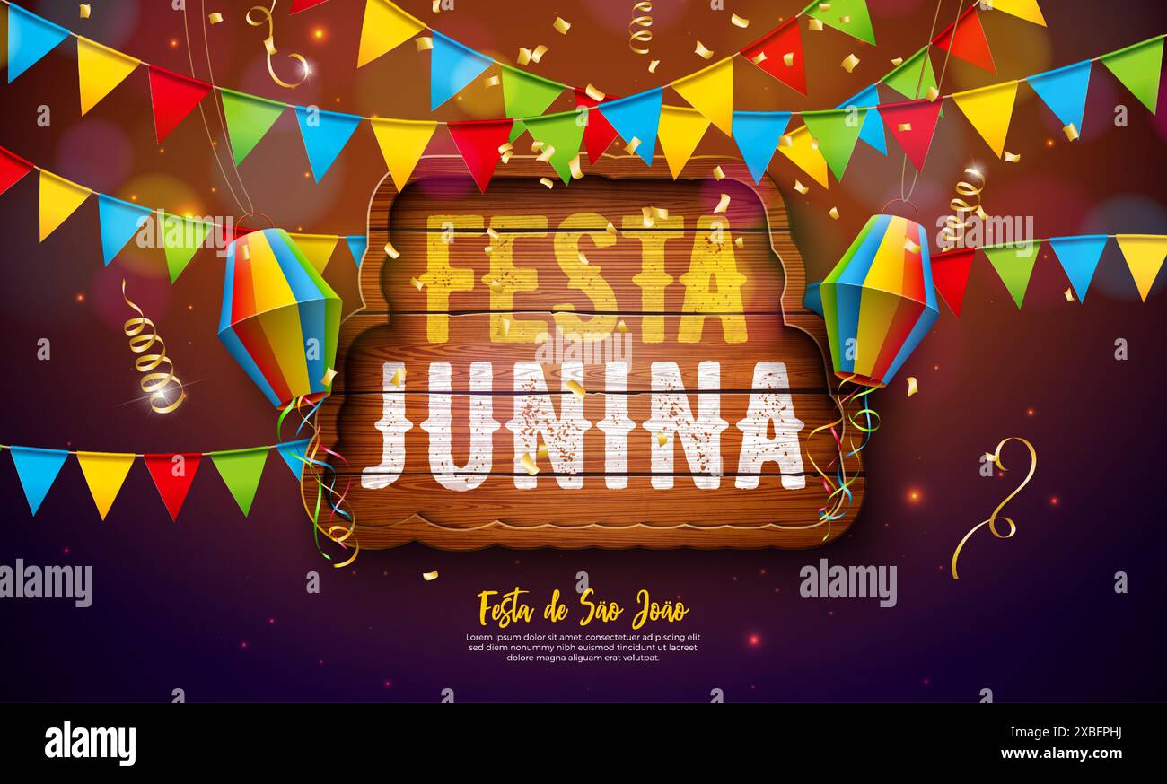 Illustration Festa Junina avec drapeaux de fête et lanterne en papier sur fond de confettis tombant. Vector Brazil June Sao Joao Festival Design avec Illustration de Vecteur