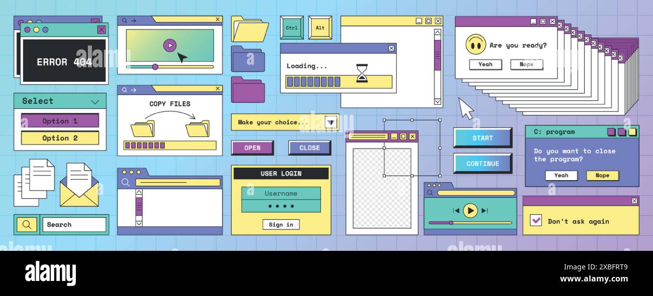 Interface d'ordinateur rétro, écran numérique avec fenêtres de logiciel ouvertes, boutons, navigateur, dossier, fichier, barre de progression de chargement et icônes d'erreur dans le style tendance y2k. Éléments de conception de vieux pc de bureau Vaporwave. Illustration de Vecteur