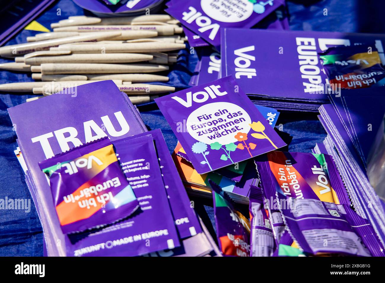 Werbematerial von Volt BEI einem Infostand für die Europawahl im Lustgarten in Berlin AM 2. Juni 2024. Kleine Parteien BEI der eu Wahl *** Volt matériel publicitaire à un stand d'information pour les élections européennes dans le Lustgarten à Berlin le 2 juin 2024 petits partis aux élections européennes Banque D'Images