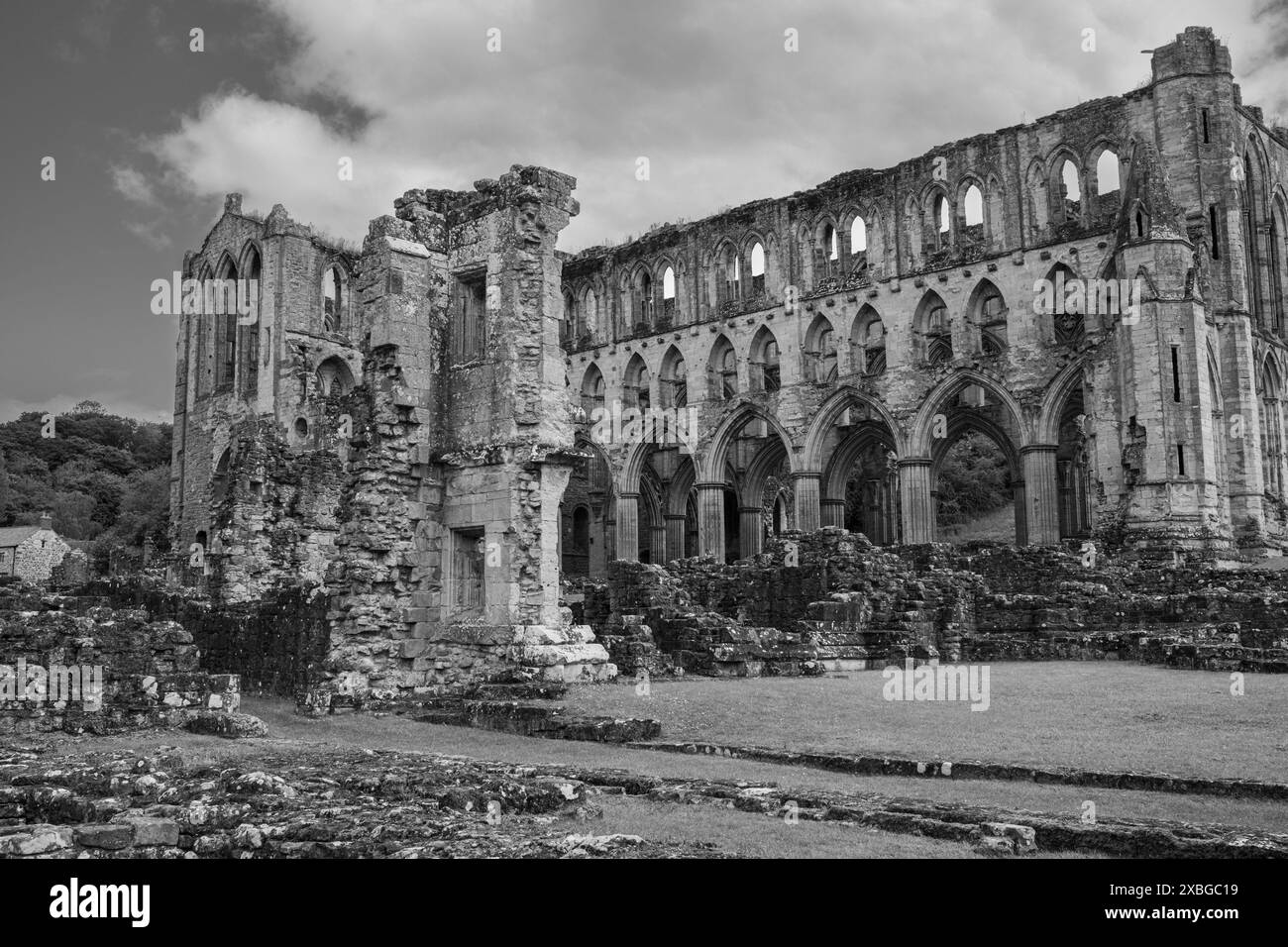 Les ruines de l'abbaye de Rievaulx près de Helmsley dans le Yorkshire du Nord, Angleterre, Royaume-Uni. Construit à l'origine en 1132, au XIIe siècle. Photographie en noir et blanc. Banque D'Images