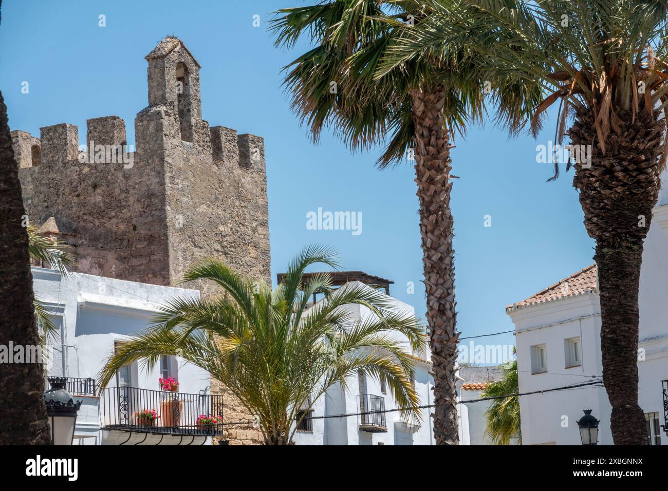 La célèbre tour Mayorazgo, nichée parmi les maisons blanches à Vejer de la Frontera, dans la province de Cadix, Andalousie, Espagne. Banque D'Images