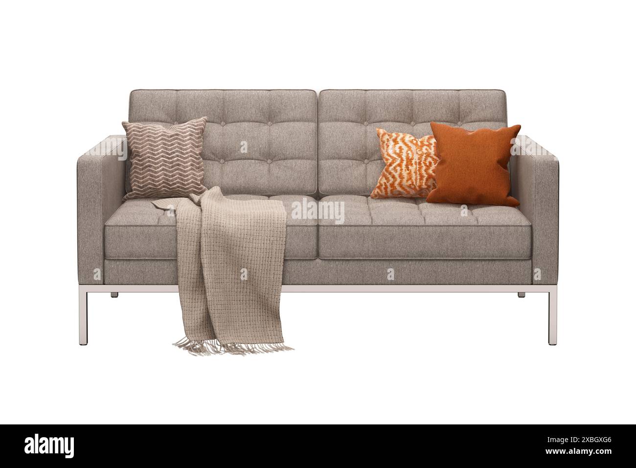 Rendu 3d de Florence Knoll décontracté canapé _ tissu de coton, coussins et châle Banque D'Images