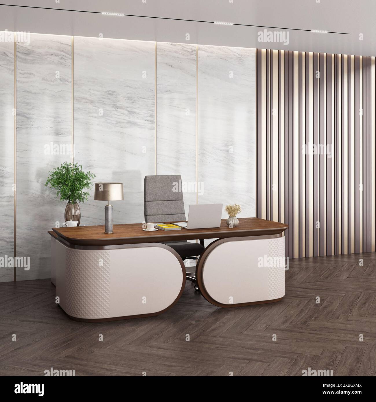 Rendu 3D de l'ensemble de bureau de gestion _ Bureau du responsable avec chaise Sitland Body Executive et MacBook Pro 16 Banque D'Images