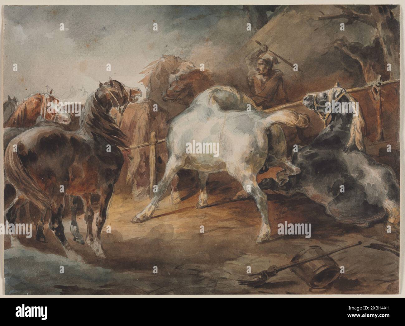 Vintage art Fighting Horses, v. 1820. Thodore Gricault (français, 17911824). Aquarelle Banque D'Images