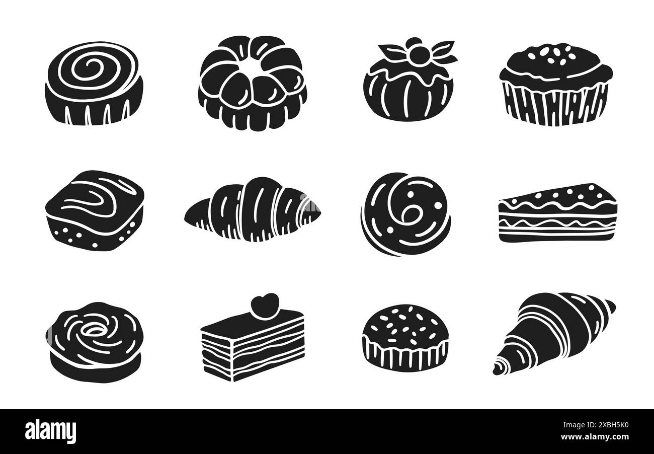 Pâtisserie française sucrée desserts gâteaux Doodle Icons Illustration de Vecteur