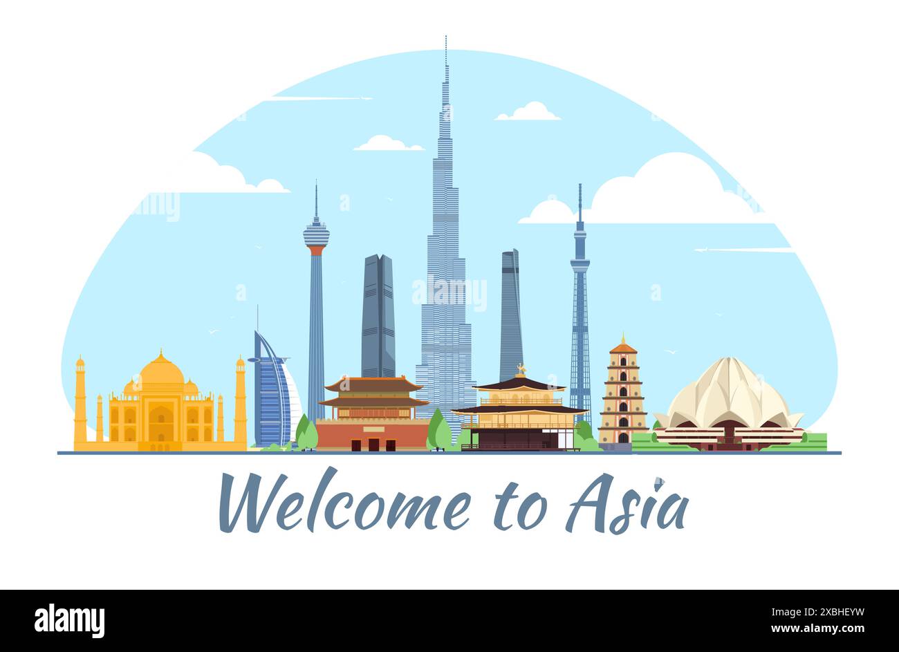 Sites asiatiques célèbres. Gratte-ciel et palais anciens. Objets du patrimoine architectural. Voyagez en Chine ou en Inde. Panorama de la ville. National Illustration de Vecteur