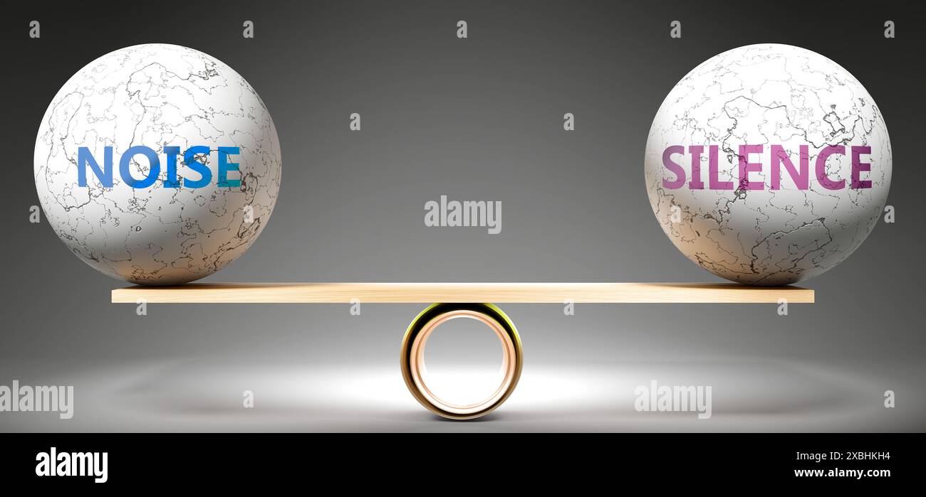 Bruit et silence en équilibre. Métaphore montrant le bruit en équilibre avec le silence, symbolisant une harmonie souhaitée entre eux. Stabilité. Harmonieux Banque D'Images