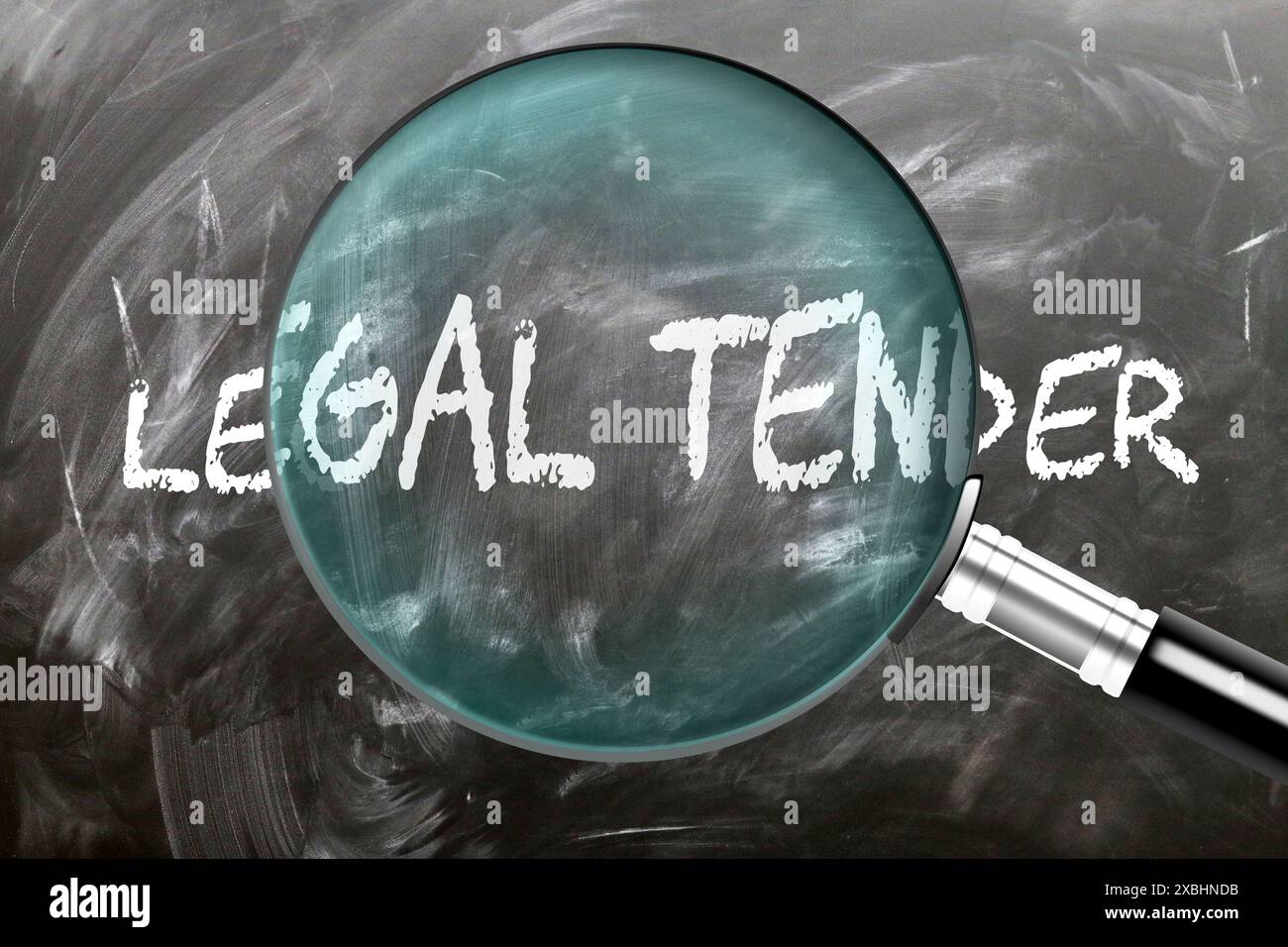 Cours légal - apprendre, étudier et inspecter. En examinant de plus près le cours légal. Grossissement du mot « Legal Tender » à la loupe écrit sur un noir Banque D'Images