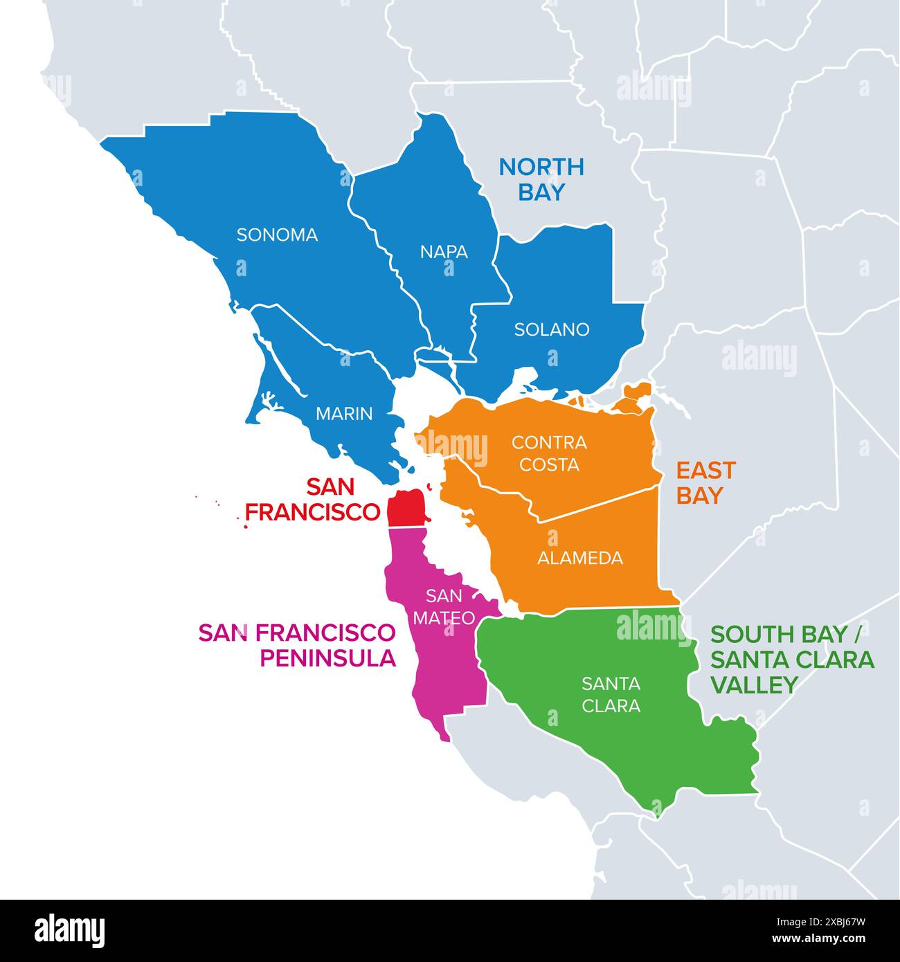 Sous-régions de la baie de San Francisco, divisées par comtés, carte politique. Région de ​​the État américain de Californie. Banque D'Images