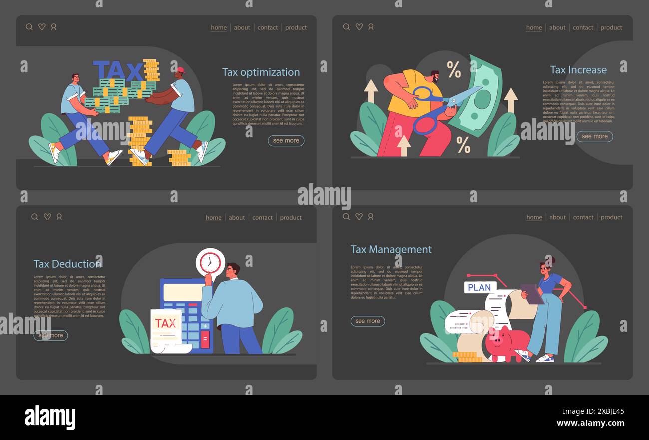 Bannière Web d'optimisation fiscale ou page de destination mode sombre ou nuit défini. Efficacité financière, budgétisation et idée d'économie. Déduction et remboursement des taxes. Illustration vectorielle plate Illustration de Vecteur