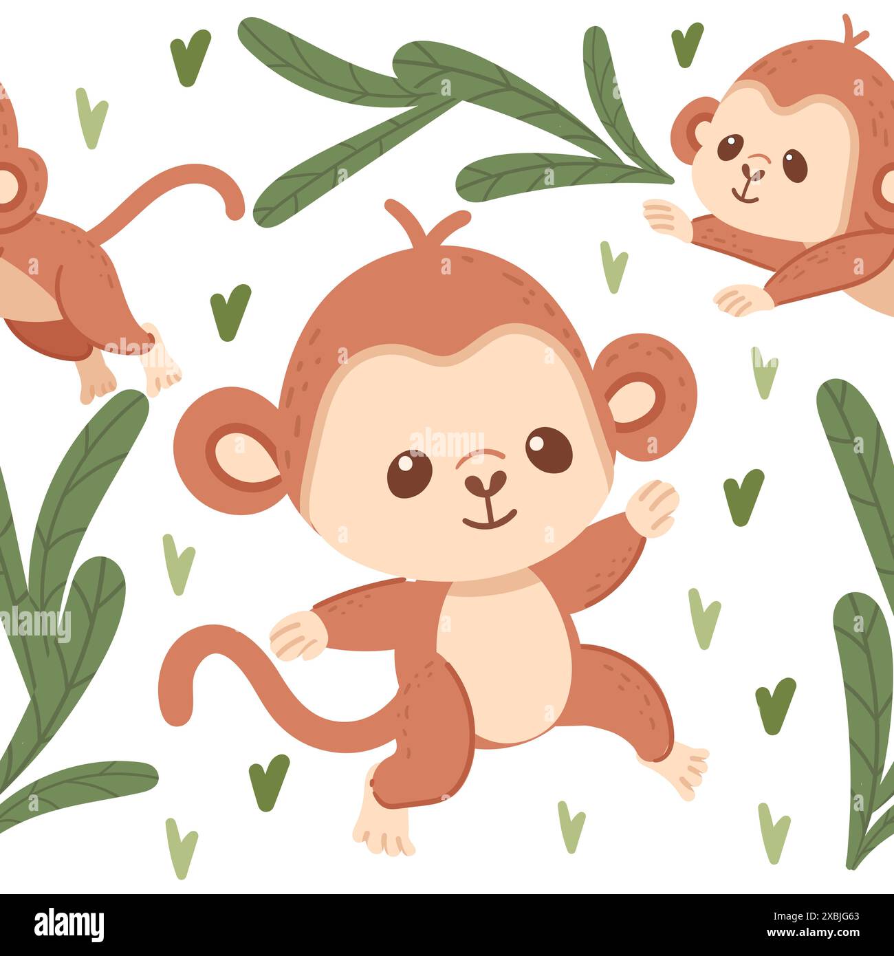 Modèle sans couture petit singe mignon avec feuilles vertes illustration vectorielle de conception d'animaux de dessin animé sur fond blanc. Illustration de Vecteur