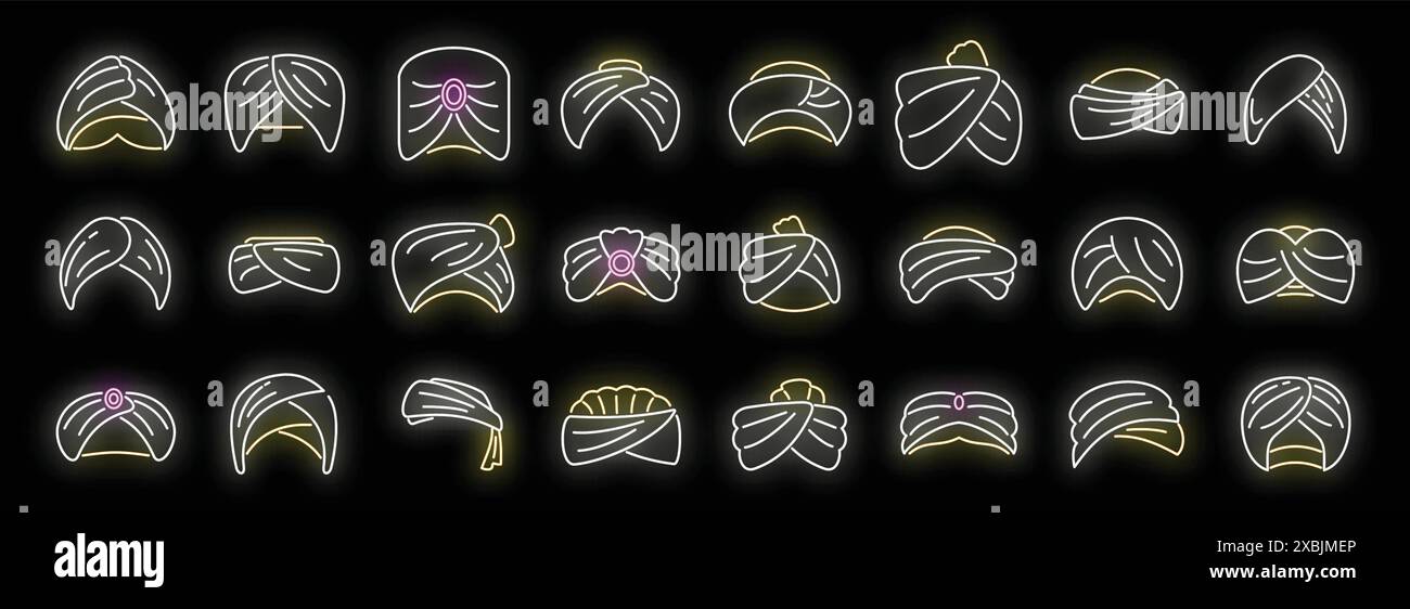 Les icônes turban arabes définissent le vecteur de contour. Chapeau arabe. Couleur néon de ferme asiatique sur noir Illustration de Vecteur