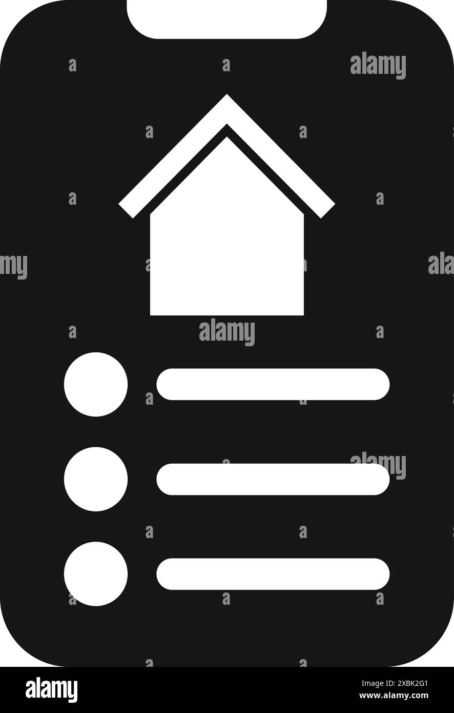 Icône noire et blanche d'un smartphone affichant une liste de maisons en ligne, symbolisant le marché immobilier Illustration de Vecteur