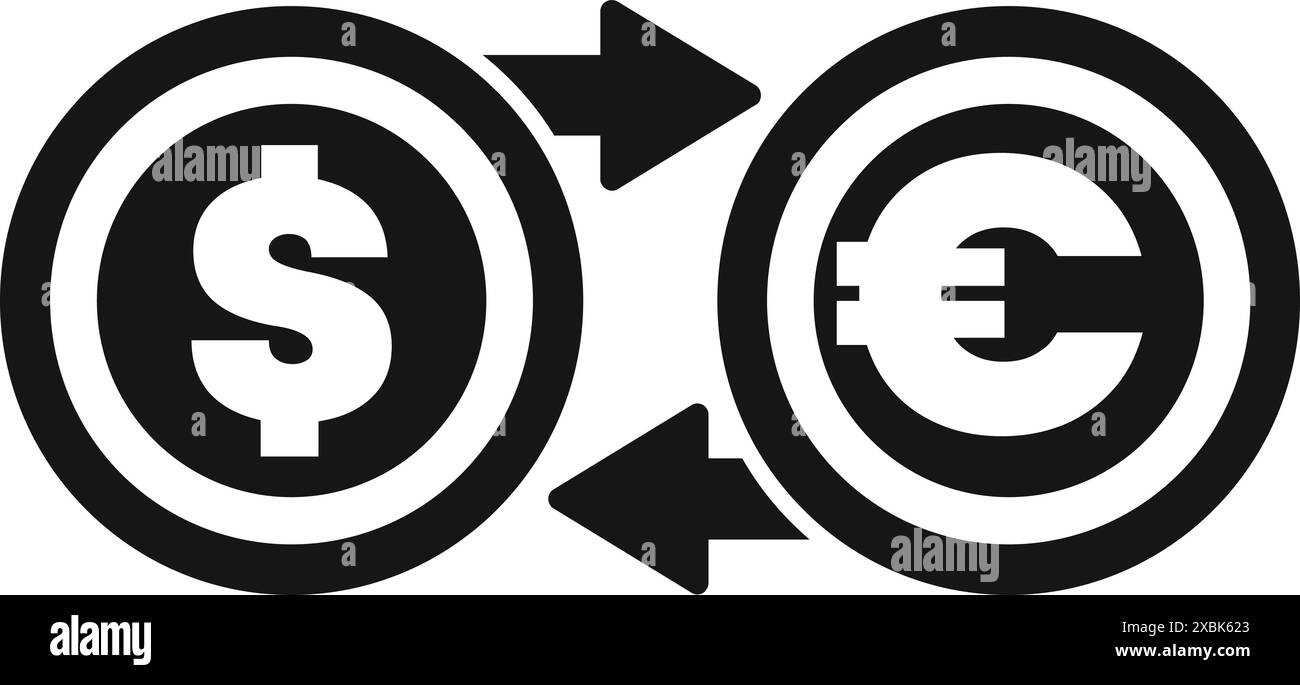 Icône noir et blanc montrant la conversion des dollars et des euros US Illustration de Vecteur