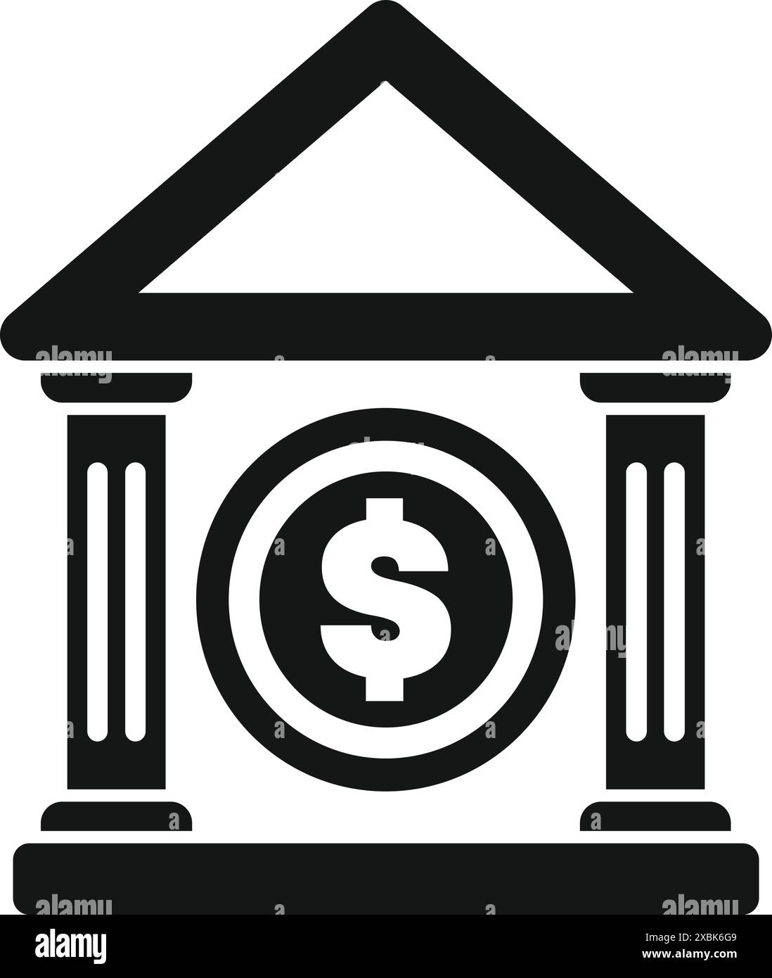 Façade de bâtiment de banque classique avec des colonnes encadrant une pièce de monnaie en dollars de premier plan, représentant les institutions financières et les opportunités d'investissement Illustration de Vecteur