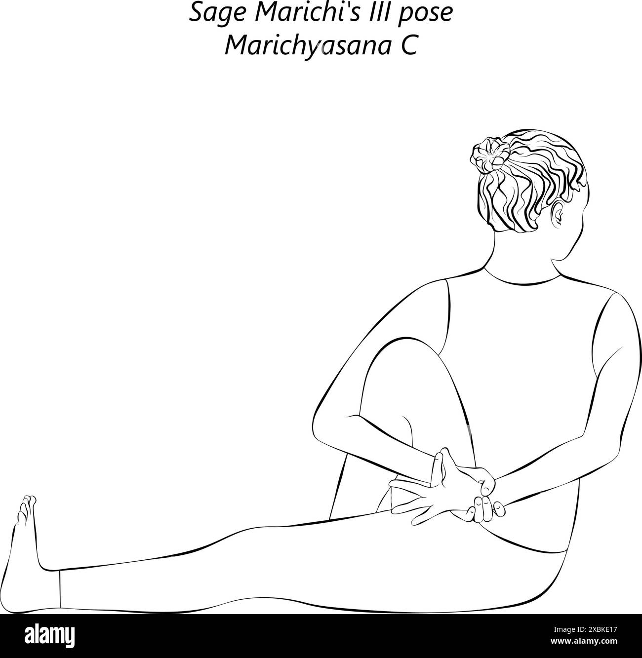 Croquis d'une jeune femme pratiquant la pose de yoga Marichyasana C. Pose de Sage Marichi III. Difficulté intermédiaire. Illustration vectorielle isolée. Illustration de Vecteur