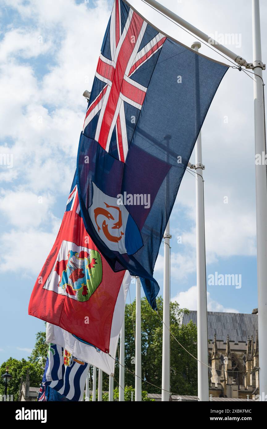 Les drapeaux des dépendances de la Couronne et des territoires d'outre-mer flottant à Parliament Square Westminster Londres Angleterre Royaume-Uni Banque D'Images