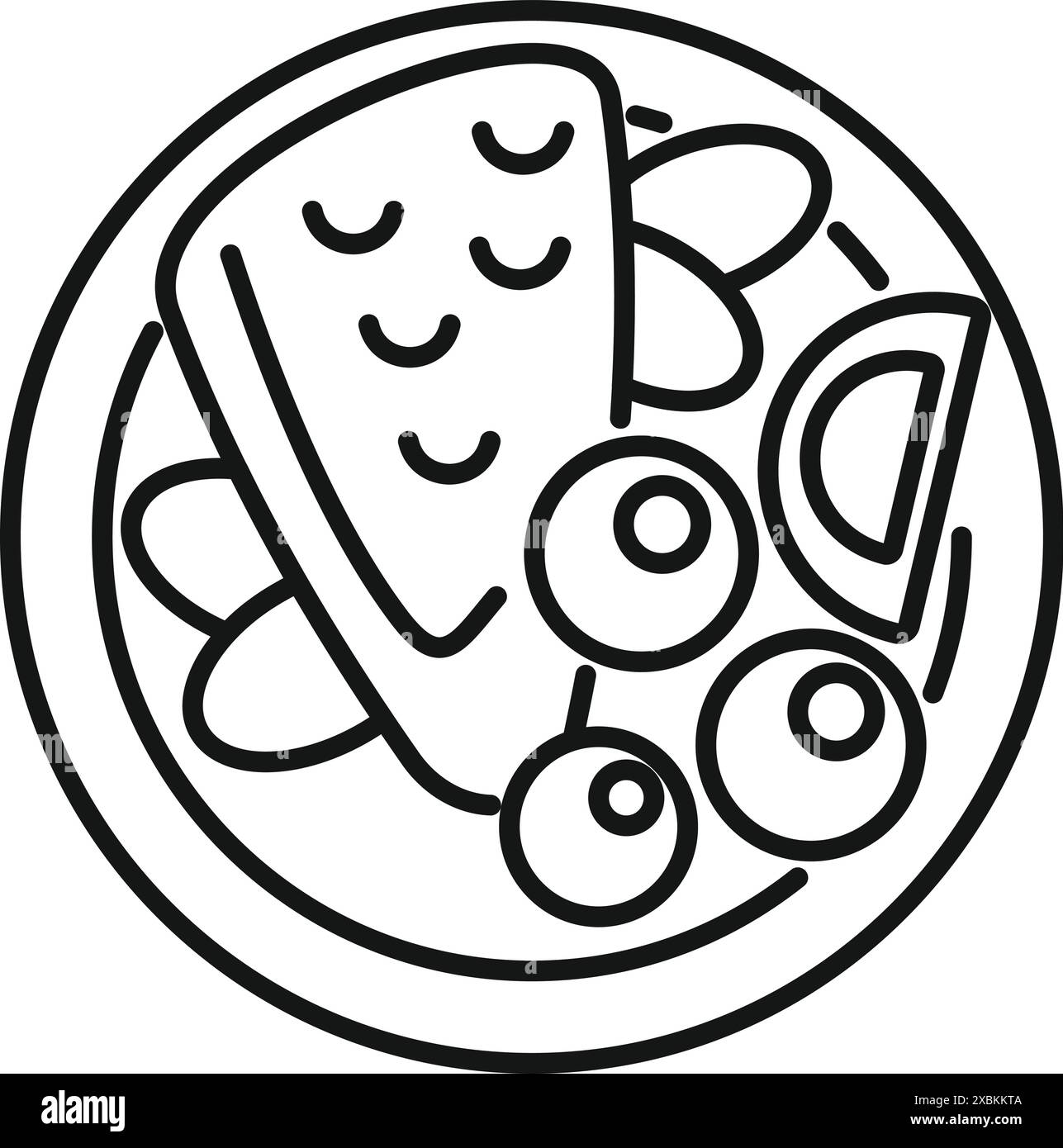 Icône de ligne simple d'une assiette de petit déjeuner avec des œufs, gaufres et fruits, vue de dessus Illustration de Vecteur