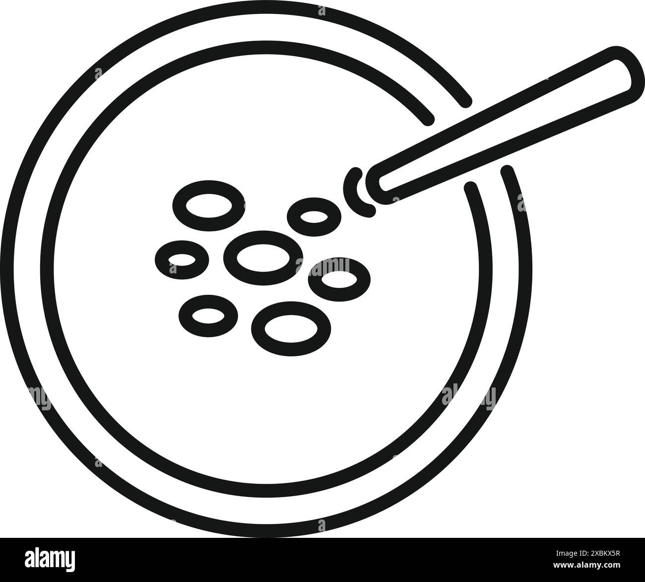 Icône de ligne d'une boîte de Pétri avec un compte-gouttes ajoutant du liquide, représentant une analyse scientifique et des expériences de laboratoire Illustration de Vecteur