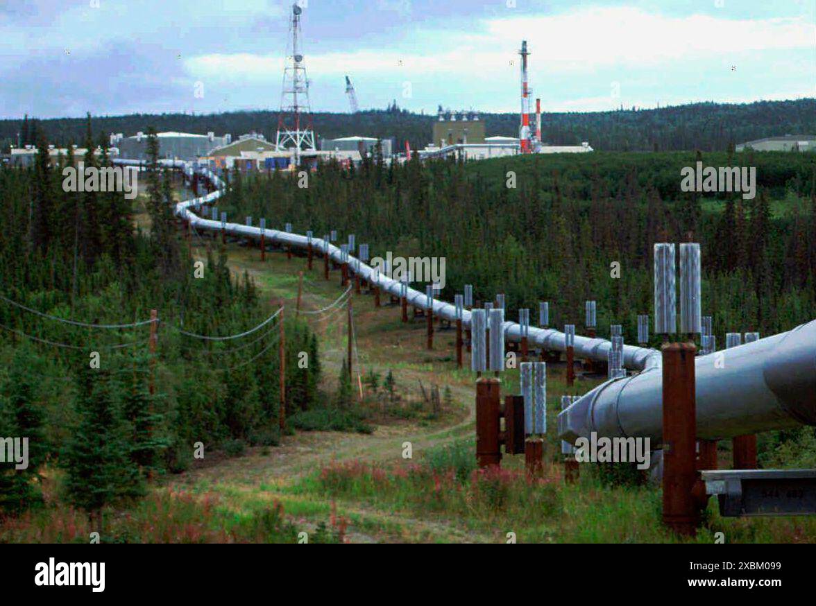 FILE - In this undated file photo the Trans-Alaska pipeline and pump station north of Fairbanks, Alaska is shown. Environmental groups have petitioned the U.S. Department of Interior to review climate impacts related to the decades-old trans-Alaska pipeline system. They're also asking the federal government to develop a plan for a "managed phasedown" of the 800-mile pipeline, which is Alaska's economic lifeline. (AP Photo/Al Grillo, File) Banque D'Images