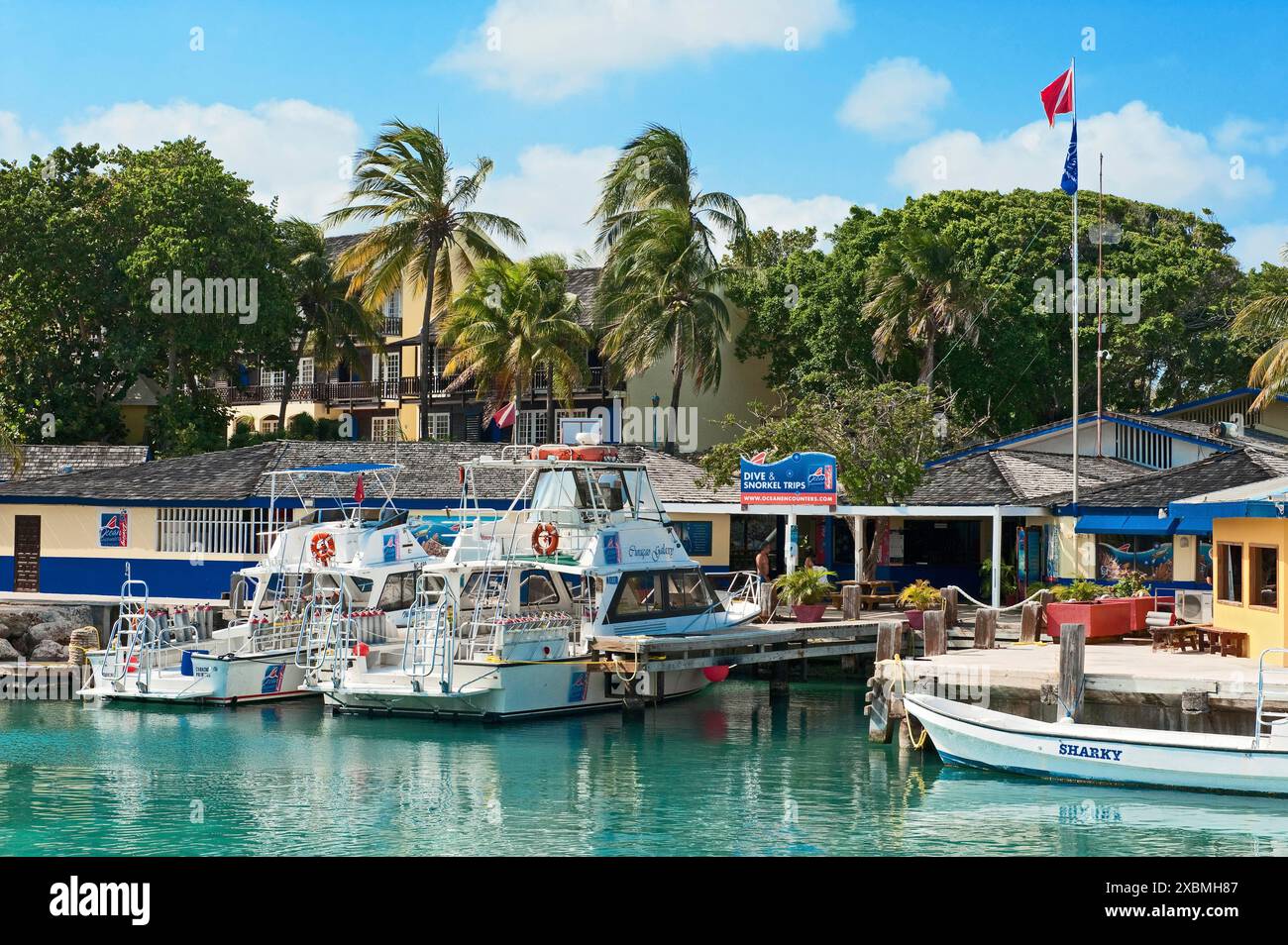 Vue des bateaux amarrés bateaux de plongée amarrés devant le centre de plongée, Caraïbes, îles sous le vent, Antilles néerlandaises, îles ABC îles ABC Banque D'Images
