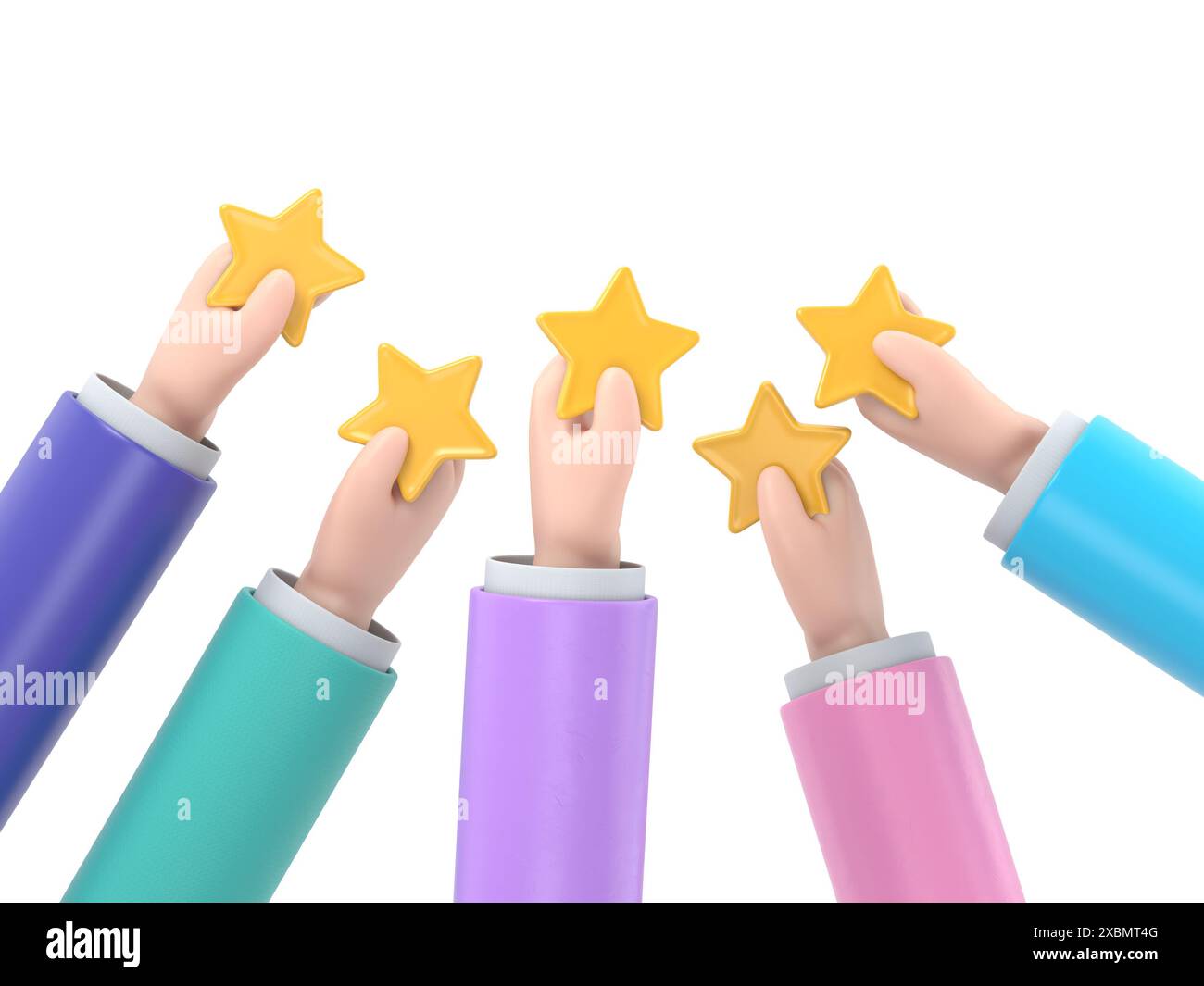 Illustration 3D de la main donnant cinq étoiles. Les clients choisissent une note de satisfaction et laissent des commentaires positifs. Concept de service à la clientèle et u Banque D'Images