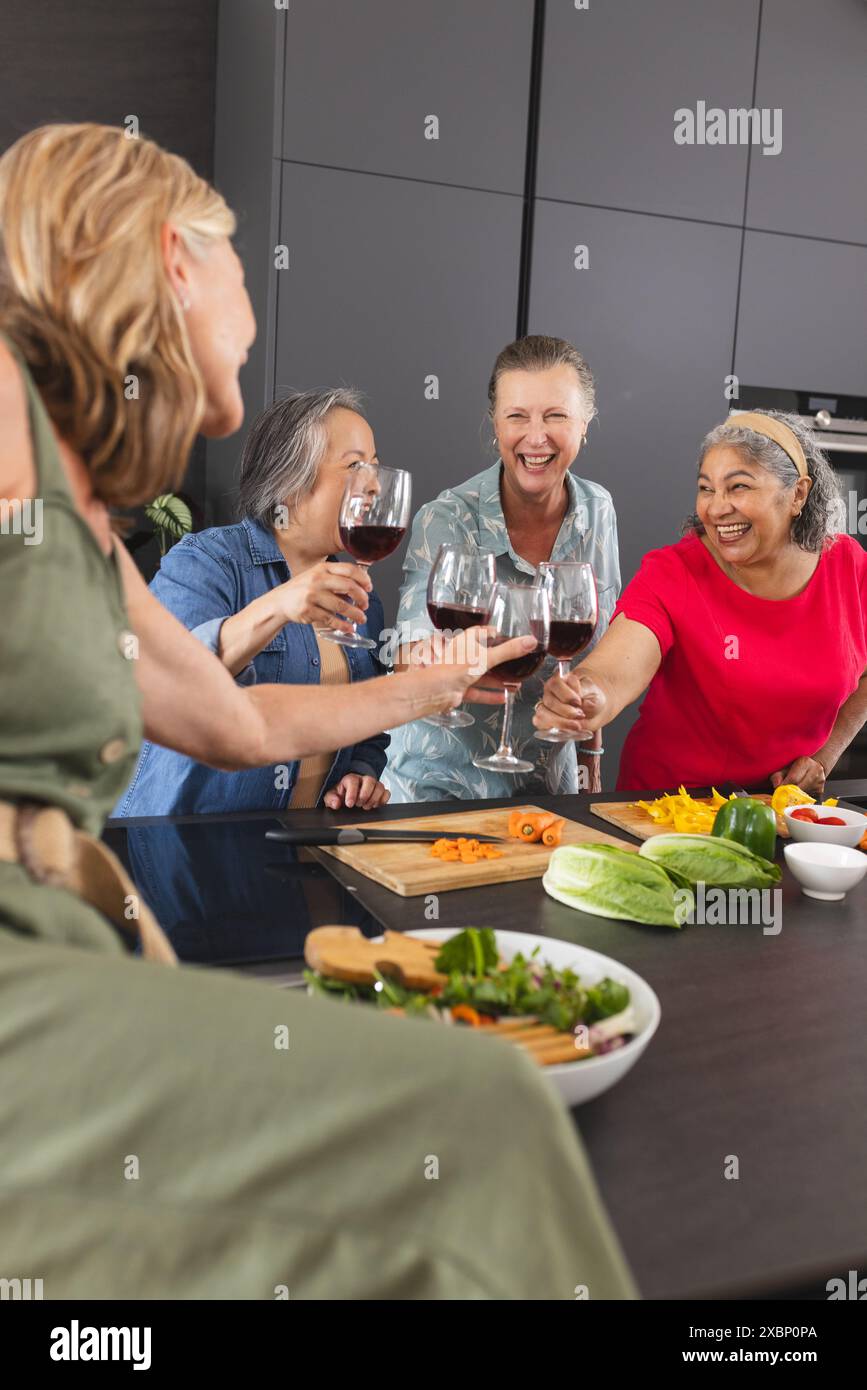 Groupe de femmes âgées diverses appréciant le vin et riant ensemble Banque D'Images
