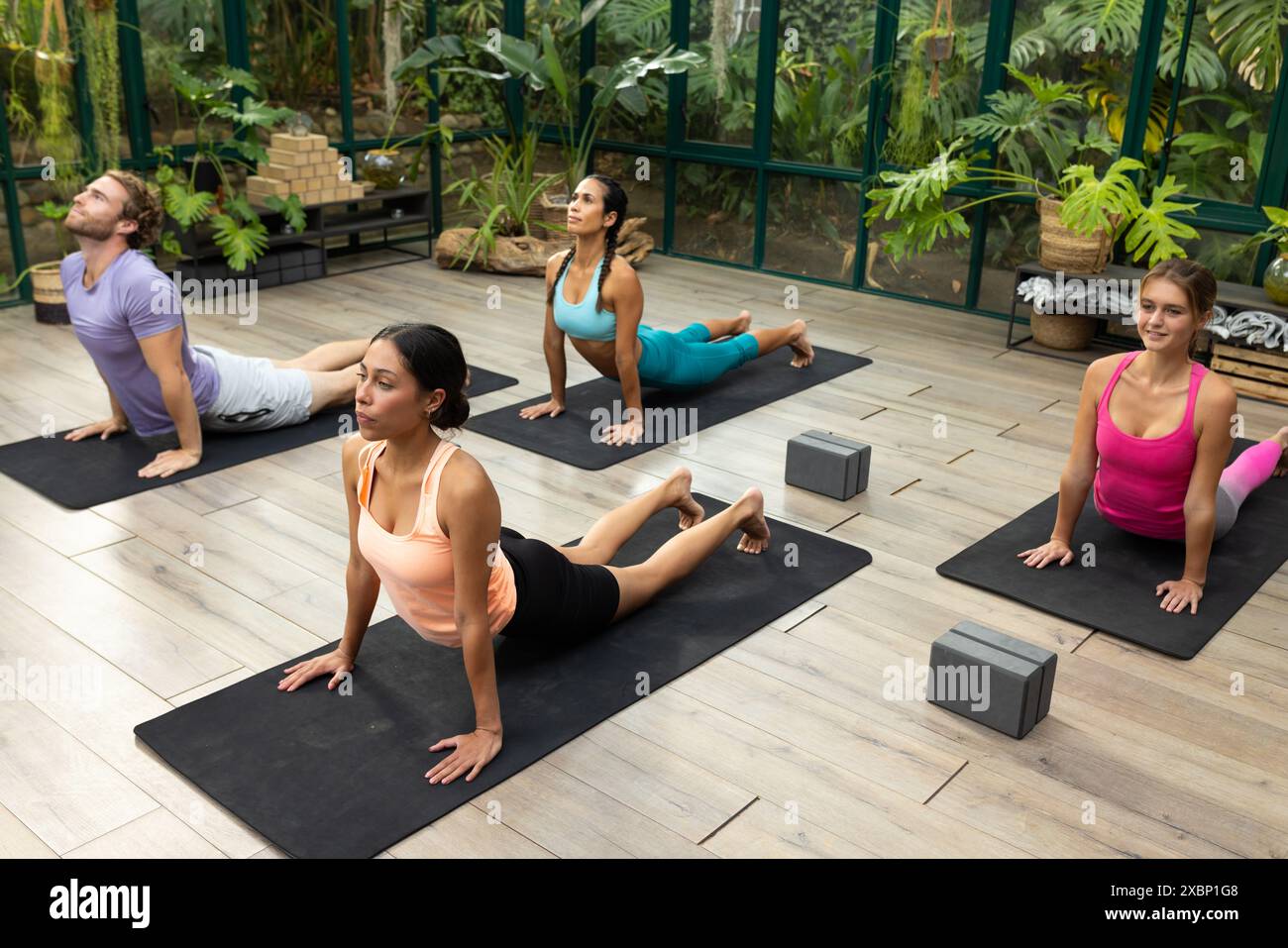 Divers adultes pratiquent le yoga dans une maison de verre dirigée par une femme biraciale en forme Banque D'Images
