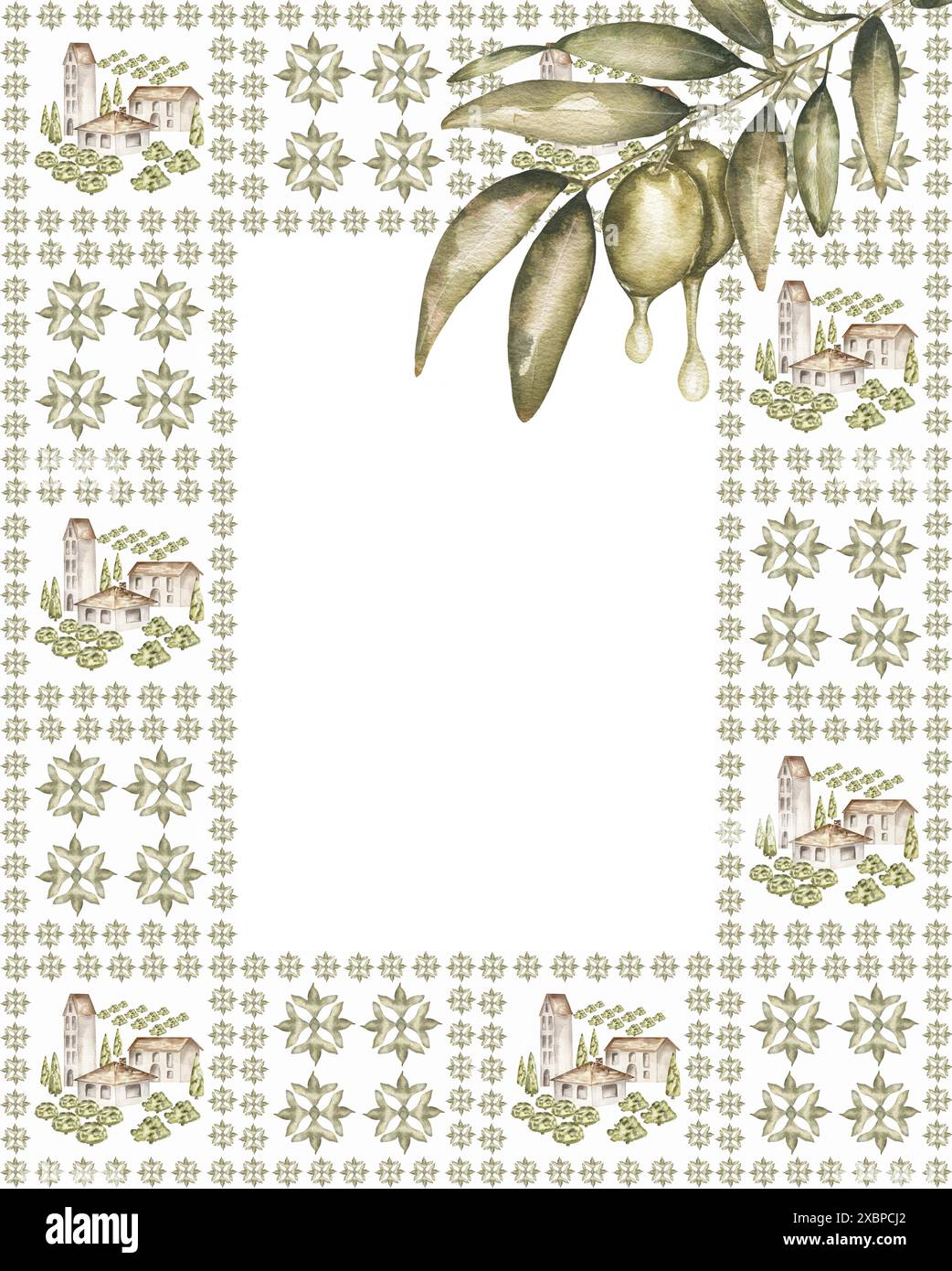 Cadre de tuiles aquarelle avec branche d'olivier et ornement vert avec illustration de composition de village, clipart de bordure de tuile Azulejos, compositi d'olivier Banque D'Images