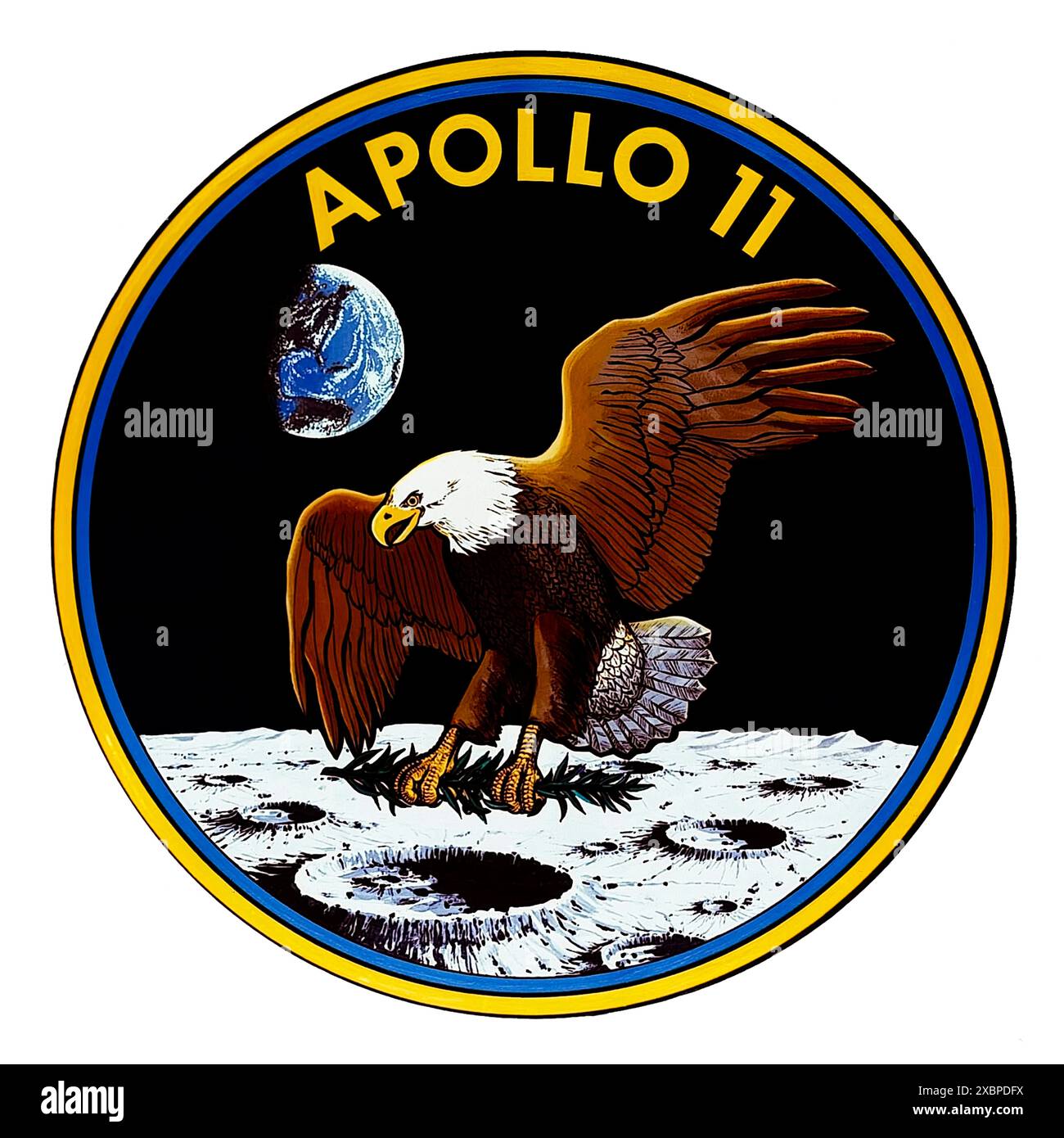 Apollo 11 mission d'atterrissage lunaire 1969 insigne montrant un aigle à tête blanche américain livrant une branche d'olivier à la surface lunaire comme symbole de paix et a été conçu avec la contribution de l'équipage : Neil Armstrong, Buzz Aldrin et Michael Collins. Banque D'Images