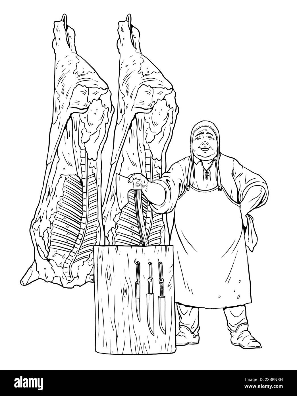 Dessin d'un boucher médiéval souriant au travail. Vieilles professions. Modèle à colorer. Banque D'Images