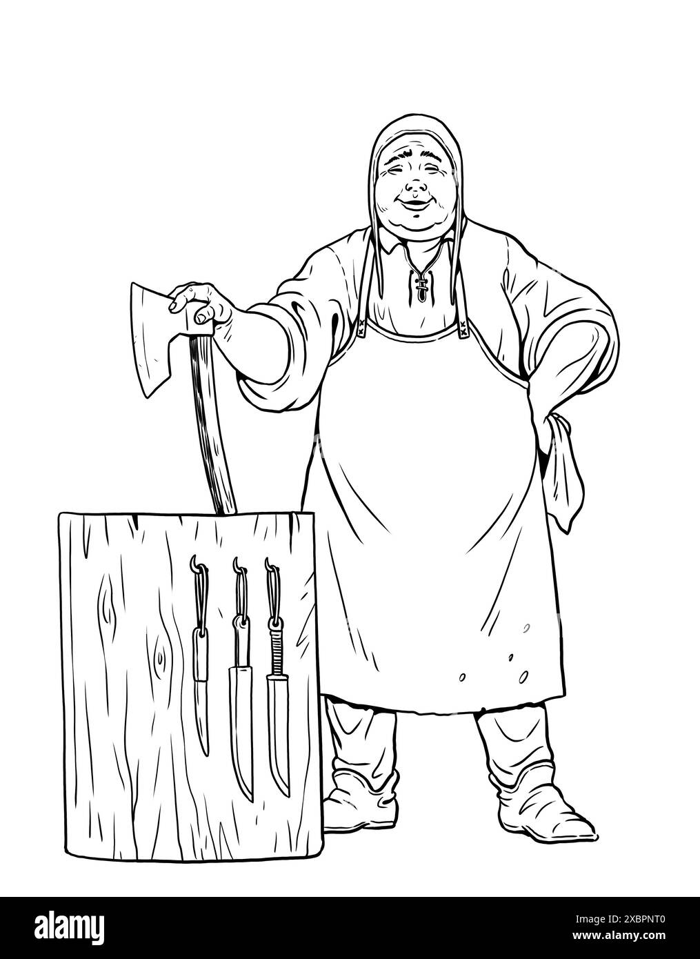 Dessin d'un boucher médiéval souriant au travail. Vieilles professions. Modèle à colorer. Banque D'Images