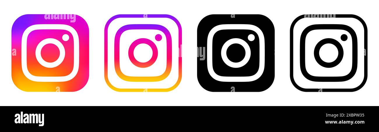 Kiev, Ukraine - 05 février 2024 : ensemble d'icônes d'applications Instagram, imprimé sur papier. Instagram est une photo et vidéo américaine partageant des réseaux sociaux se Banque D'Images