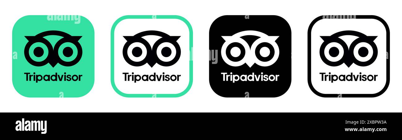 Kiev, Ukraine - 05 février 2024 : ensemble d'icônes de l'application TripAdvisor, imprimé sur papier. TripAdvisor est une société qui exploite des agences de voyages en ligne, compar Banque D'Images