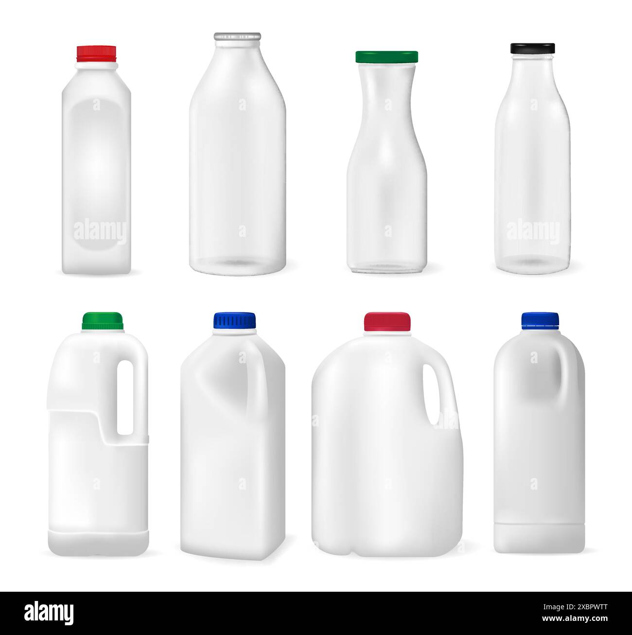 Ensemble de bouteilles pour lait, jus ou autre chose, sur fond blanc. Gros plan d'illustration vectorielle réaliste Illustration de Vecteur