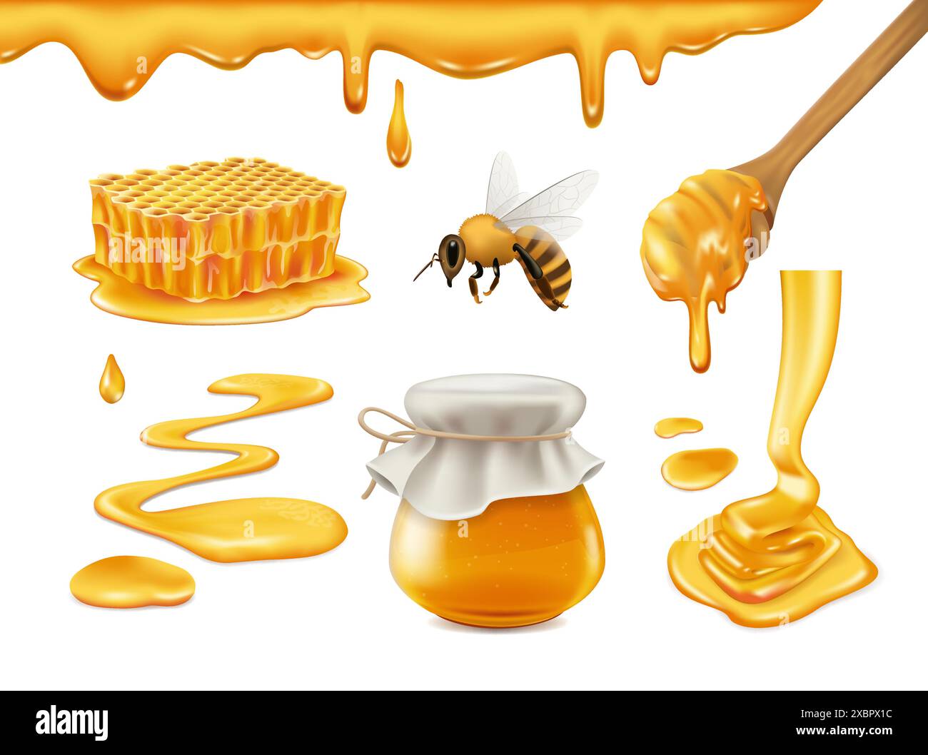 Ensemble de produits de miel sur fond blanc, illustration vectorielle réaliste gros plan Illustration de Vecteur