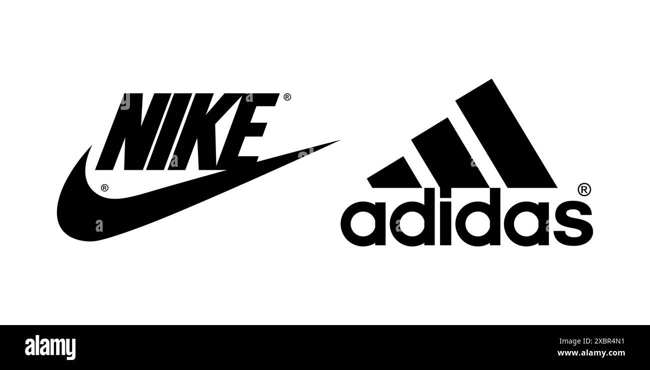 Kiev, Ukraine - 10 juin 2022 : Collection de logos populaires de chaussures de sport de fabricants : Nike et Adidas, sur fond blanc, illustration vectorielle Illustration de Vecteur