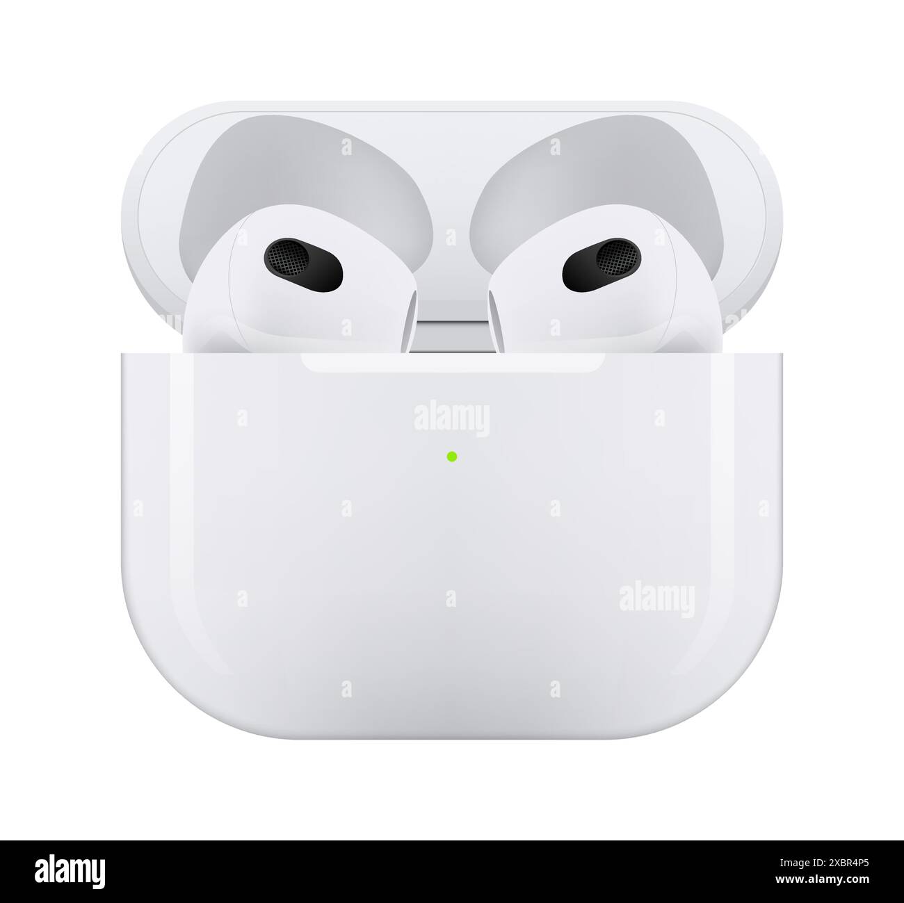 Kiev, Ukraine - 06 avril 2022 : écouteurs sans fil blancs Apple AirPods série 3, sur fond blanc. Illustration vectorielle réaliste Illustration de Vecteur