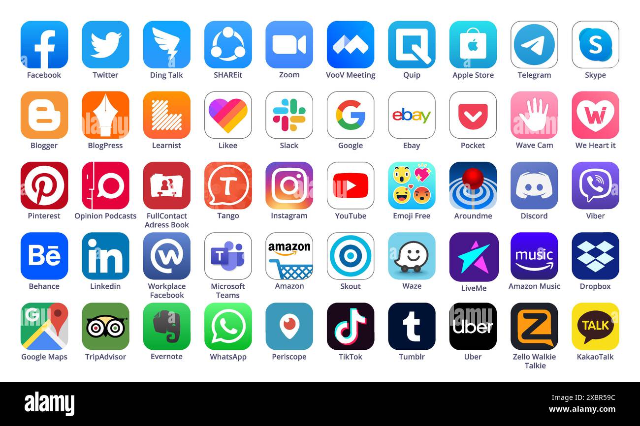 Kiev, Ukraine - 29 avril 2022 : ensemble de 50 icônes populaires iOS et applications de médias sociaux : Apple Store, Facebook, Quip, Instagram, LinkedIn et autres, vecteur Illustration de Vecteur