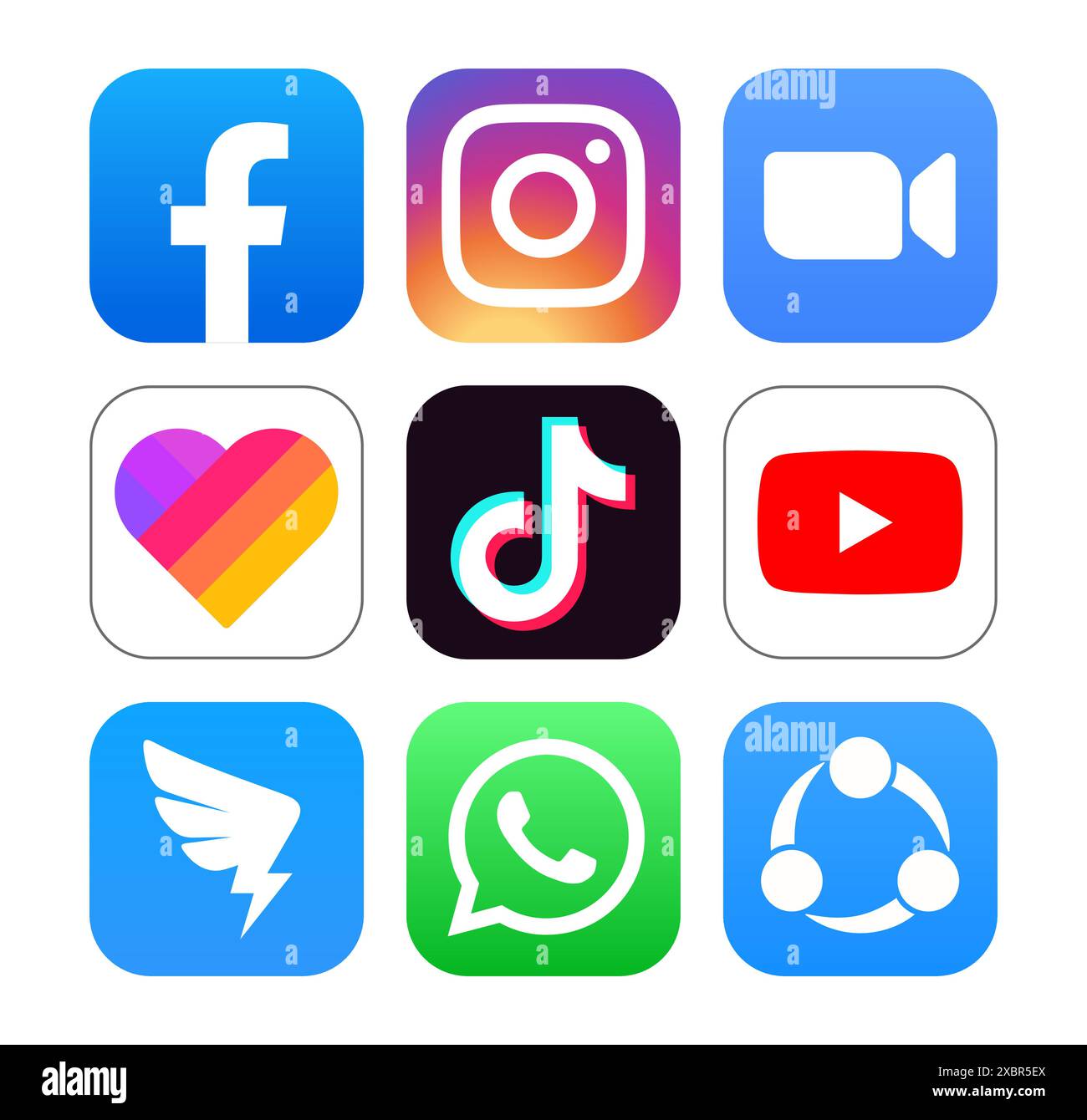 Kiev, Ukraine - 29 avril 2022 : ensemble d'icônes populaires d'applications de médias sociaux : Facebook, Instagram, Zoom, Likee, TikTok, YouTube, DingTalk, WhatsApp et Shar Illustration de Vecteur
